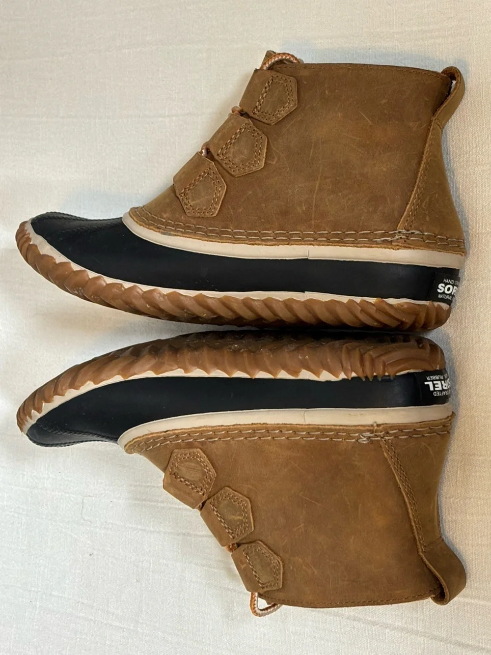 Sorel Out 'N About Rubber Leather Duck Ankle Rain Boots-Black/Tan-Women Size 6.5